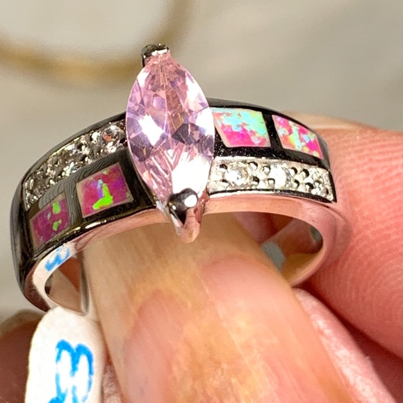 Vintage Jewelry - 925 Silver Ring with Pink Opals, CZ & Pink Topaz